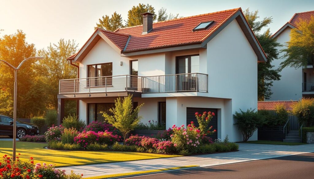 A cozy and modern two-story house with a red tiled roof, surrounded by a lush garden with vibrant flowers. The house has large windows, a balcony, and a neatly paved driveway leading to a garage. In the foreground, a sleek and spacious apartment building with clean lines and a minimalist design, reflecting the latest architectural trends. The scene is bathed in warm, golden afternoon light, creating a serene and inviting atmosphere. PortalPM