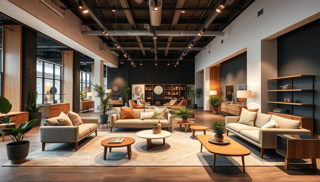 A modern, well-lit interior design showroom featuring the latest trends in Chilean home decor. Sleek, minimalist furniture pieces in natural wood and muted color palettes create a warm, inviting atmosphere. Strategically placed lighting fixtures cast a soft, ambient glow, highlighting the clean lines and textures of the space. Pops of greenery and carefully curated accessories lend a touch of sophistication. The scene is captured by a wide-angle lens, capturing the full scope of the PortalPM showroom's elegant and innovative design. A modern, well-lit interior design showroom featuring the latest trends in Chilean home decor. Sleek, minimalist furniture pieces in natural wood and muted color palettes create a warm, inviting atmosphere. Strategically placed lighting fixtures cast a soft, ambient glow, highlighting the clean lines and textures of the space. Pops of greenery and carefully curated accessories lend a touch of sophistication. The scene is captured by a wide-angle lens, capturing the full scope of the PortalPM showroom's elegant and innovative design.