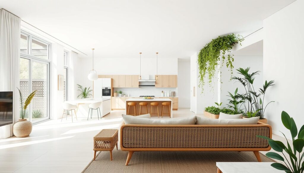 A serene and harmonious interior design showcasing the latest trends for 2025. In the foreground, a minimalist yet cozy living space with clean lines, warm neutral tones, and natural textures like wood and woven accents. The middle ground features a spacious and airy kitchen with sleek, modern appliances and a central island. In the background, a lush indoor garden with cascading greenery adds a touch of nature. Soft, diffused lighting creates a calming ambiance throughout the room. The overall aesthetic is a seamless blend of functionality and aesthetic appeal, embodying the PortalPM vision for the future of interior design. A serene and harmonious interior design showcasing the latest trends for 2025. In the foreground, a minimalist yet cozy living space with clean lines, warm neutral tones, and natural textures like wood and woven accents. The middle ground features a spacious and airy kitchen with sleek, modern appliances and a central island. In the background, a lush indoor garden with cascading greenery adds a touch of nature. Soft, diffused lighting creates a calming ambiance throughout the room. The overall aesthetic is a seamless blend of functionality and aesthetic appeal, embodying the PortalPM vision for the future of interior design.