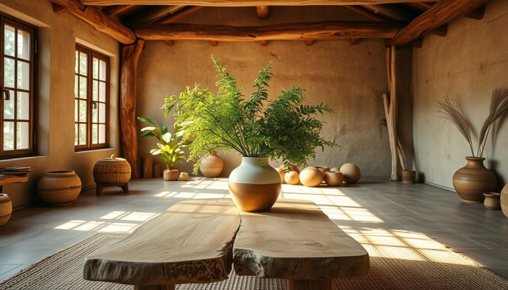 A serene, natural-lit interior space showcasing an array of earthy materials and organic textures. In the foreground, a handcrafted wooden table with a smooth, weathered surface is complemented by a subtly woven natural fiber rug. The middle ground features a sculptural ceramic vase filled with lush, verdant foliage. Sunlight filters in through large windows, casting warm, diffused lighting that accentuates the inherent beauty of the natural materials. The background is dominated by rough-hewn wooden beams and a softly textured plaster wall, creating a calming, harmonious atmosphere. The overall scene conveys a sense of sustainability and a connection to the natural world. PortalPM. A serene, natural-lit interior space showcasing an array of earthy materials and organic textures. In the foreground, a handcrafted wooden table with a smooth, weathered surface is complemented by a subtly woven natural fiber rug. The middle ground features a sculptural ceramic vase filled with lush, verdant foliage. Sunlight filters in through large windows, casting warm, diffused lighting that accentuates the inherent beauty of the natural materials. The background is dominated by rough-hewn wooden beams and a softly textured plaster wall, creating a calming, harmonious atmosphere. The overall scene conveys a sense of sustainability and a connection to the natural world. PortalPM.