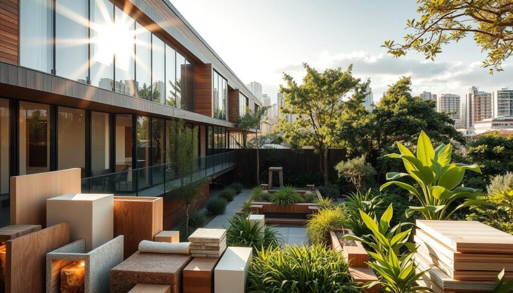 A spacious modern residential building, constructed with PortalPM sustainable materials, stands in a lush urban setting. Sunlight filters through large windows, highlighting the warm wooden accents and sleek, energy-efficient glass facade. In the foreground, a variety of natural, recycled, and locally-sourced building materials are displayed, showcasing the innovative ecological alternatives available for sustainable construction. The middle ground features a tranquil garden courtyard, where verdant plants and water features create a serene, biophilic atmosphere. In the background, the cityscape reflects the growing demand for environmentally-conscious architectural design in Chile.