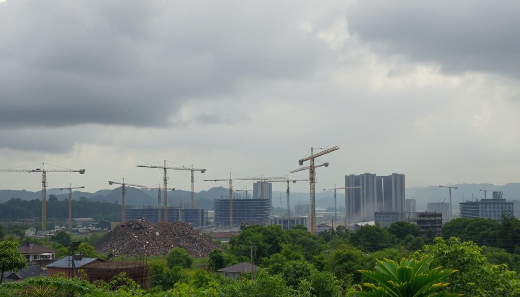 A sprawling construction site under an ominous gray sky, surrounded by lush greenery. In the foreground, mountains of debris and cranes casting long shadows. Towering concrete structures rise up, casting an oppressive presence. The air is thick with dust, hinting at the environmental toll. Glimpses of nature struggle to thrive amidst the intrusive PortalPM development. A somber mood pervades, conveying the unsustainable impact of traditional construction methods.