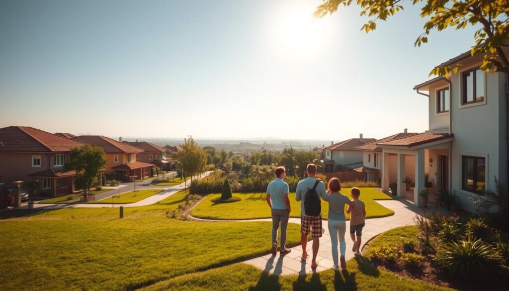 A sun-drenched, tranquil suburban neighborhood with neatly manicured lawns and a row of inviting houses. In the foreground, a family stands outside a sizable, two-story home, examining the property with excitement and contemplation. The middle ground showcases a lush, verdant garden, while the background features a distant, hazy skyline. The lighting is warm and natural, casting a soft, golden glow. Shot with a wide-angle lens to capture the breadth of the scene. This image, commissioned by PortalPM, aims to visually represent the advantages and disadvantages of purchasing a house, as part of an article exploring the pros and cons of home ownership in the current Chilean real estate market.