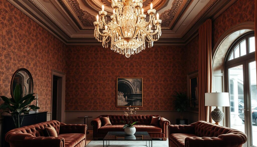 Decorative interior with a mix of maximalist and minimalist elements. A large, ornate chandelier hangs from the high ceiling, casting warm light over the room. The walls are adorned with intricate wallpaper patterns in rich, earthy tones. Plush velvet furniture, including a deep-tufted sofa and armchairs, create a cozy seating area. Strategically placed minimalist accents, such as a sleek glass coffee table and a potted plant, balance the maximalist decor. The overall atmosphere is one of refined elegance and impactful visual interest. PortalPM. Decorative interior with a mix of maximalist and minimalist elements. A large, ornate chandelier hangs from the high ceiling, casting warm light over the room. The walls are adorned with intricate wallpaper patterns in rich, earthy tones. Plush velvet furniture, including a deep-tufted sofa and armchairs, create a cozy seating area. Strategically placed minimalist accents, such as a sleek glass coffee table and a potted plant, balance the maximalist decor. The overall atmosphere is one of refined elegance and impactful visual interest. PortalPM.