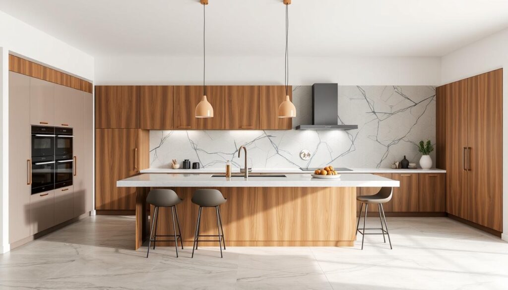 Imagen de cocina moderna con barra central y cerámica de gran formato Imagen de cocina moderna con barra central y cerámica de gran formato