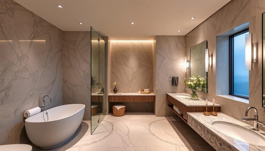 Imagen de un baño lujoso con iluminación estratégica y accesorios de alta calidad Imagen de un baño lujoso con iluminación estratégica y accesorios de alta calidad